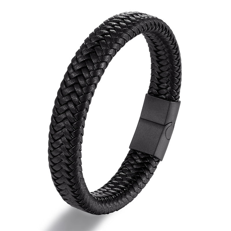 MKENDN Punk Men Leather Bracelet Black Stainless Steel Magnetic Clasp Braided Woven Bangle Pulseras lovers&#39; gift