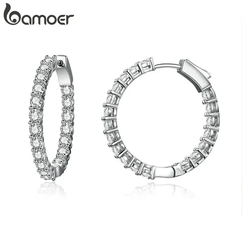 BAMOER Classic New Silver Color Round Circle Luminous Cubic Zirconia Stud Earrings for Women Hyperbole Earrings Jewelry YIE138