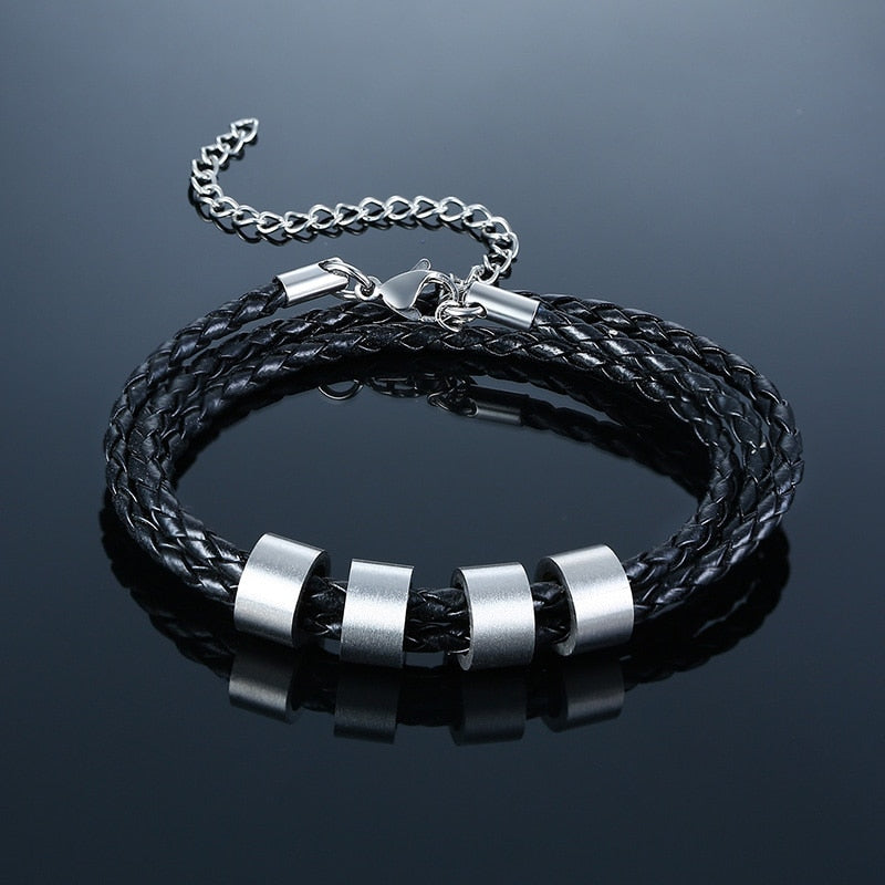 VNOX-BL-573BS Customized Bracelet - Trendy Stainless Steel Link Chain with Leather - Perfect for Men