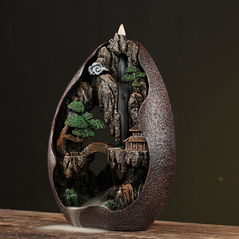 Big Resin Rockery Landscape Backflow Incense Burner Home Decor Smoke Waterfall Holder Handcrafted Buddhist Incense Holder