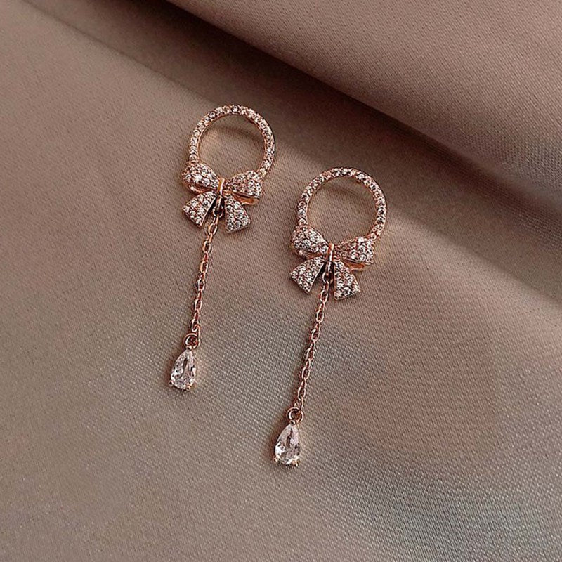 New Fashion Trendy Water Drop Women Dangle Earrings Bow Tassel Earrings Korean Earrings Zircon Long Jewelry Gifts