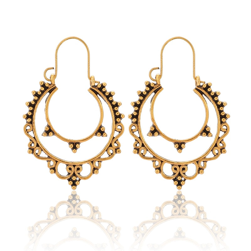 HuaTang Vintage Gold Silver Color Drop Earrings for Women Boho Geometric Carved Earrings Female Indian Ethnic Jewelry brincos