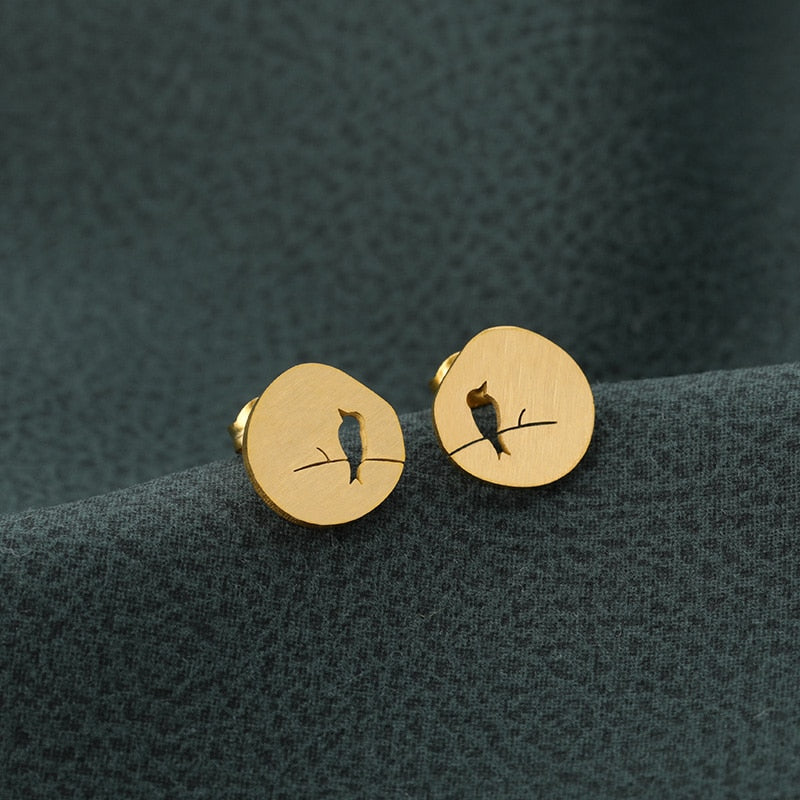 Hollow Round Shape Lovely Animal Anime Earring Women Girls Fashion Jewelry Cute Hollow Bird On A Branch Studs.