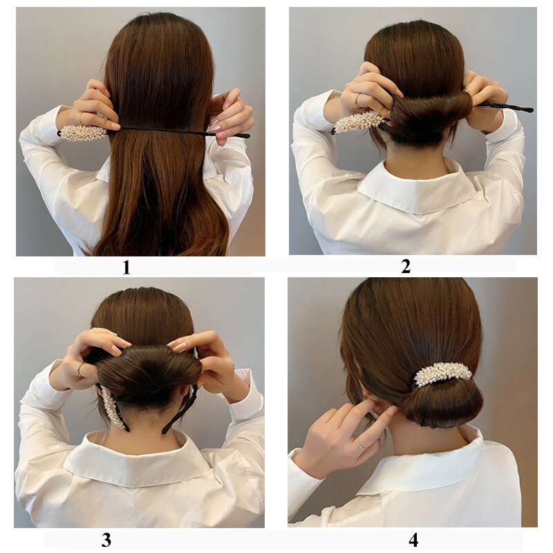Ruoshui Woman Rhinestone Pearl Flower Hair Bun Maker DIY Hairstyle Tool For Ladies Hair Accessories Bridal Hairband
