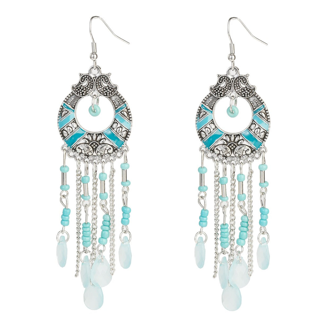 2020 Vintage Ethnic Bohemian White Beads Jhumka Earrings Geometric Metal Tassel Indian Earrings Tibetan Jewelry