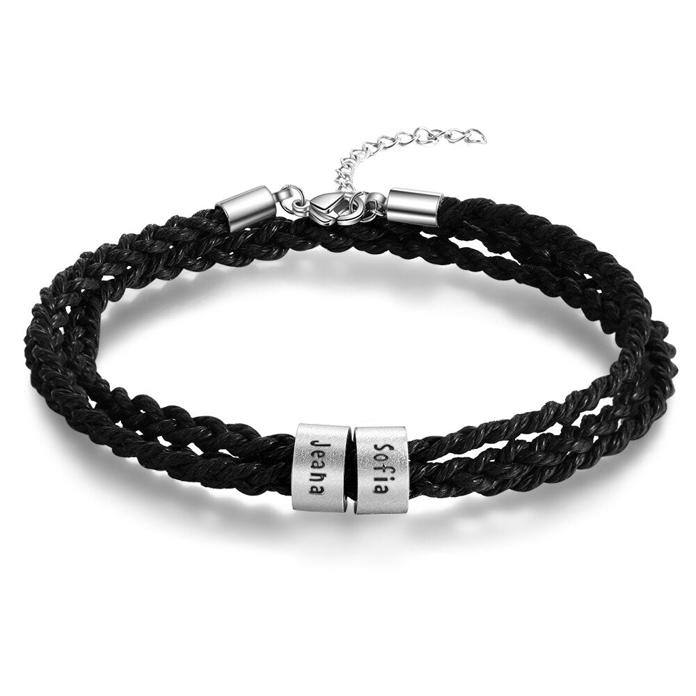 Personalized Stainless Steel Custom Name Beads Bracelet Adjustable Multilayer Braided Rope Men Bracelets Dad Gift