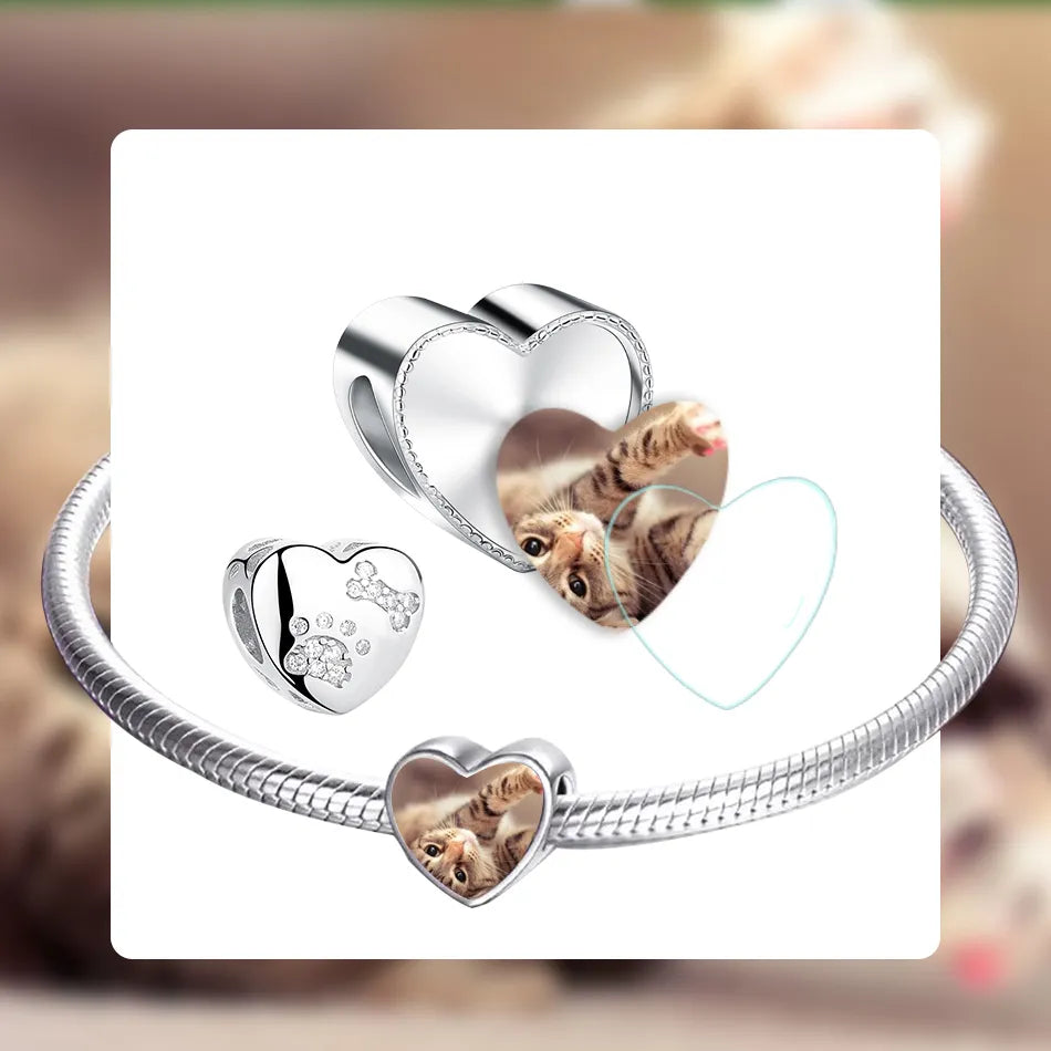 ELESHE 925 Sterling Silver Pet Paw Print Heart Custom Photo Charms Beads Fit Bracelet Necklace DIY Personalized Jewelry