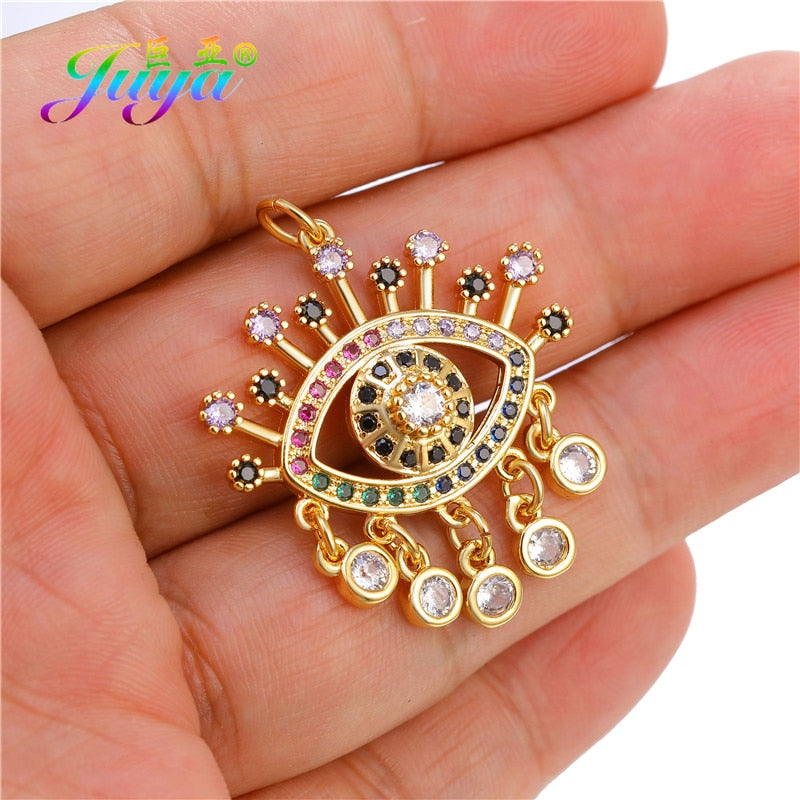 Juya DIY Luxury Multicolor Cubic Zirconia Enamel Greek Evil Eye Charms For Handmade Women Fashion Pendant Turkish Jewelry Making