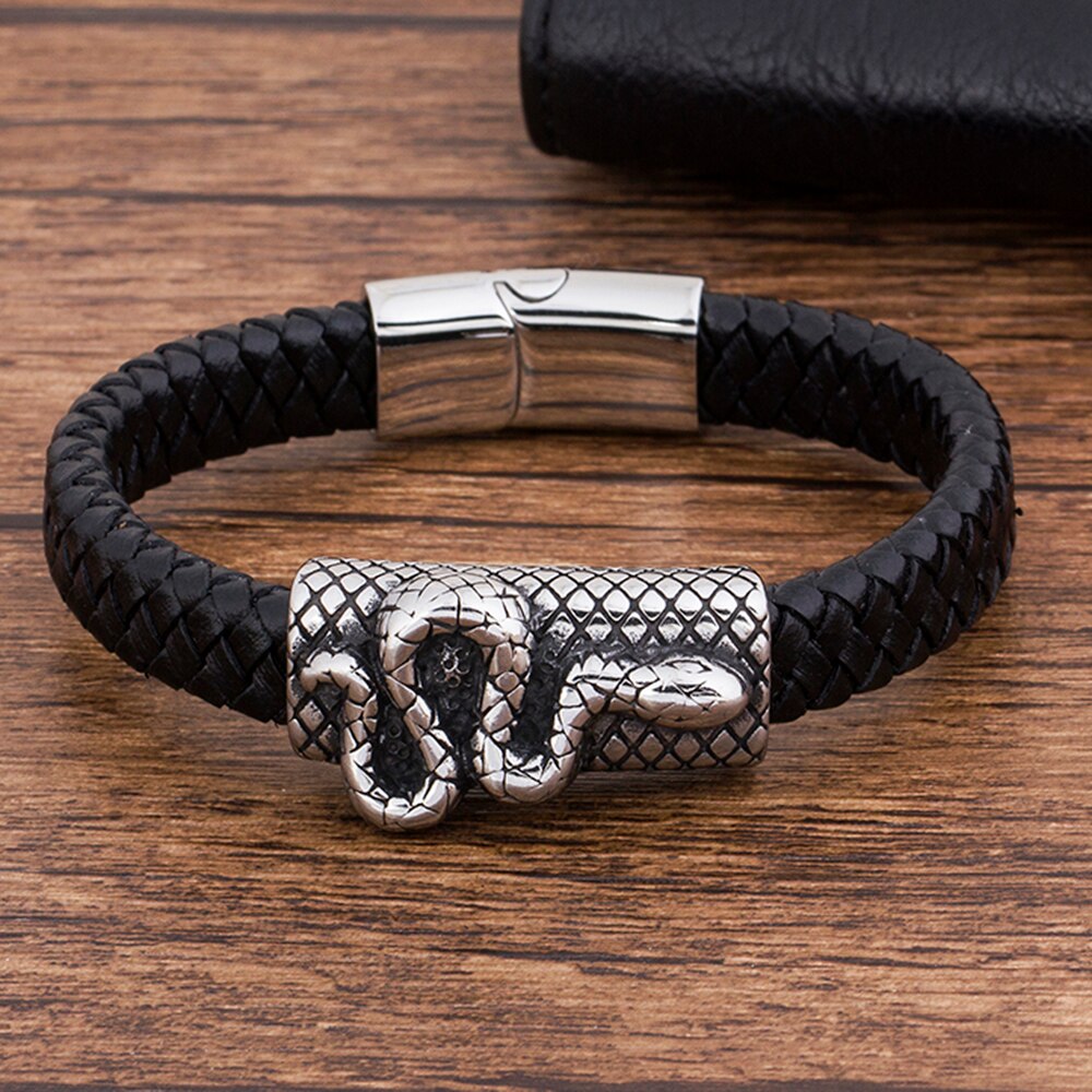 TYO Charm Black Genuine Leather Punk Rock Rope Animal Snake Bracelet Men Jewelry Magnetic Stainless Steel Braided Accessories