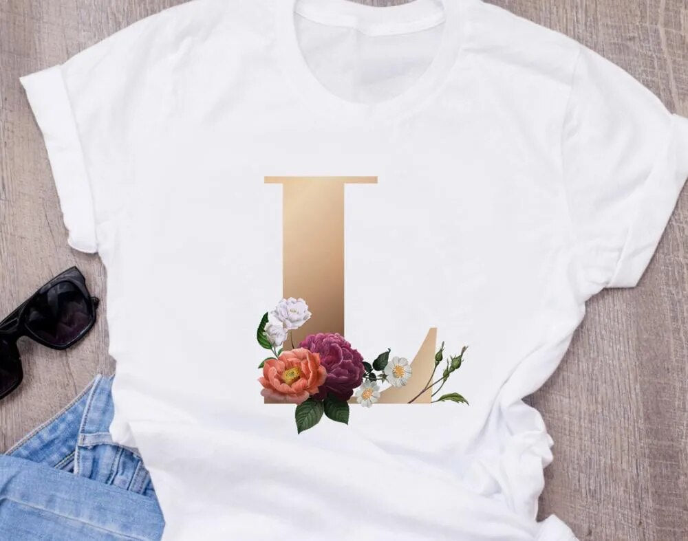 High-Quality Custom Personalized Name Letter (O) Combination T-Shirt for Women with Floral Alphabet Design in Short Sleeves.