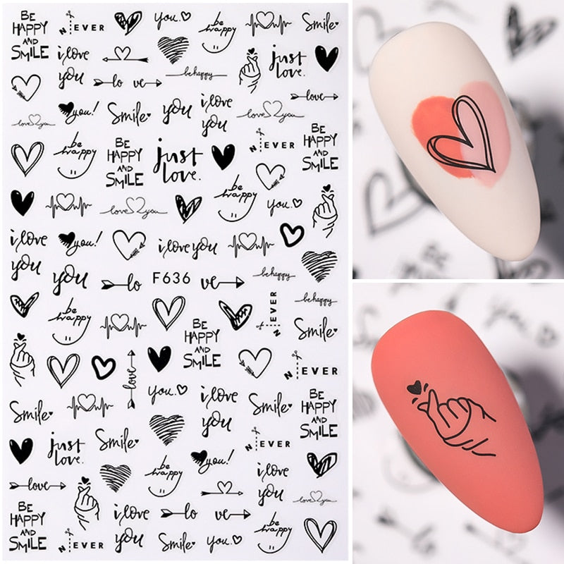 1PC Heart Love Design 3D Nail Sticker English Letter stickers Face Pattern Trasnfer Sliders Valentine&#39;s Day Nail Art Decoration