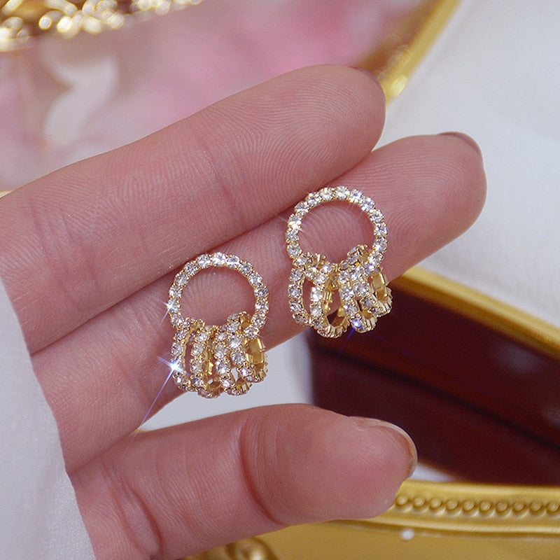 New Korea Sweet Cute Flower Crystal Temperament Geometric Shiny Zircon Earrings Statement Earrings for Women Girl Pendientes