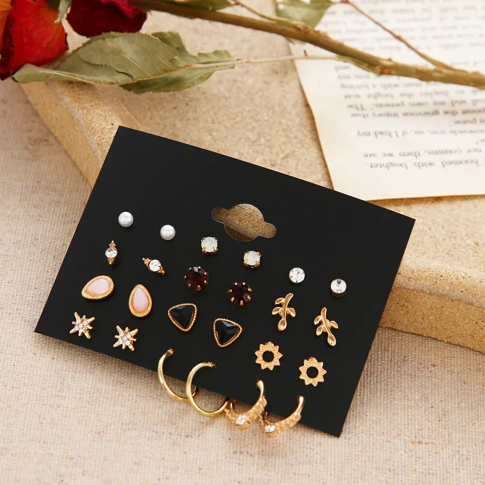 EN 12 Pairs Flower Women&#39;s Earrings Set Pearl Crystal Stud Earrings Boho Geometric Tassel Earrings For Women 2021 Jewelry Gift