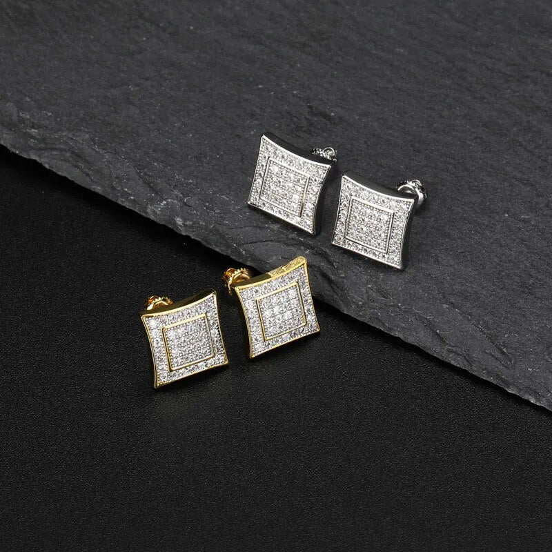 TOPGRILLZ Hip Hop Gold Silver Color Earrings Men Iced Cubic Zircon Micro Pave CZ Square Shape Stud Earrings For Women Jewelry