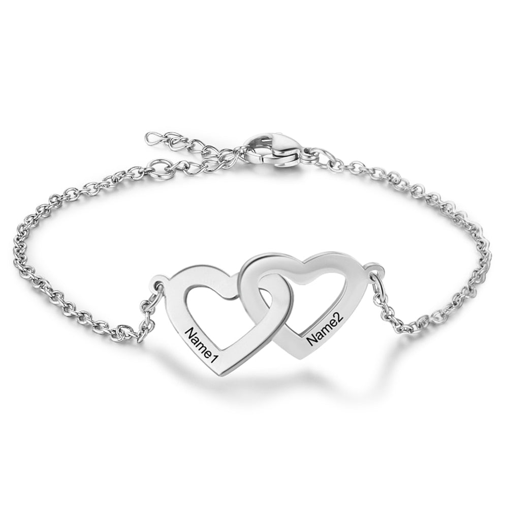 Personalized Intertwined Heart Bracelets with 2 Custom Names Customized Stainless Steel Engraved Bracelets &amp; Bangles (BA102500)