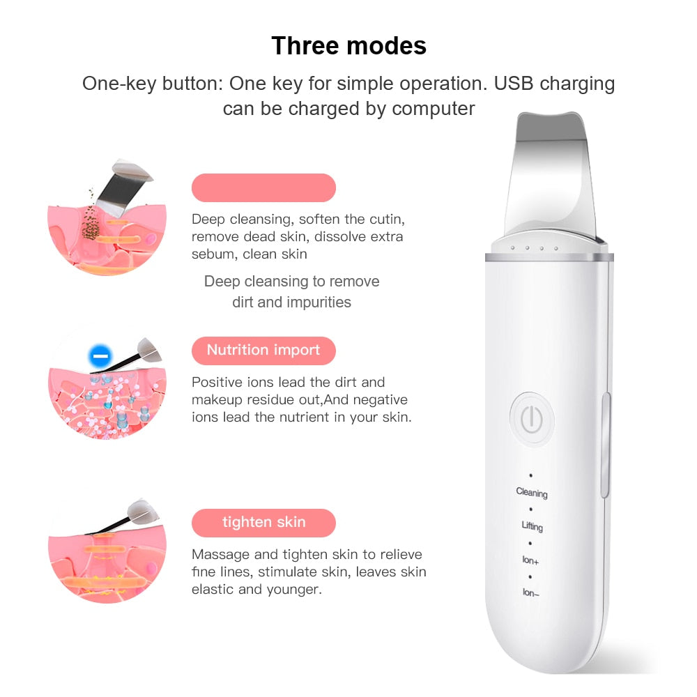 Ultrasonic Skin Scrubber Vibration Face Spatula Blackhead Remover Facial Scrubber Shovel Clean Cavitation Peeling Facial Lifting