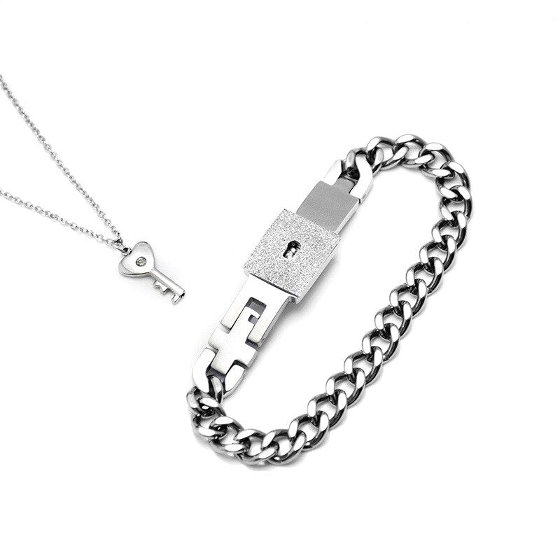 Fashion Concentric Lock Key Titanium Steel Stainless Steel Jewelry Bracelet Necklace Couple Sets