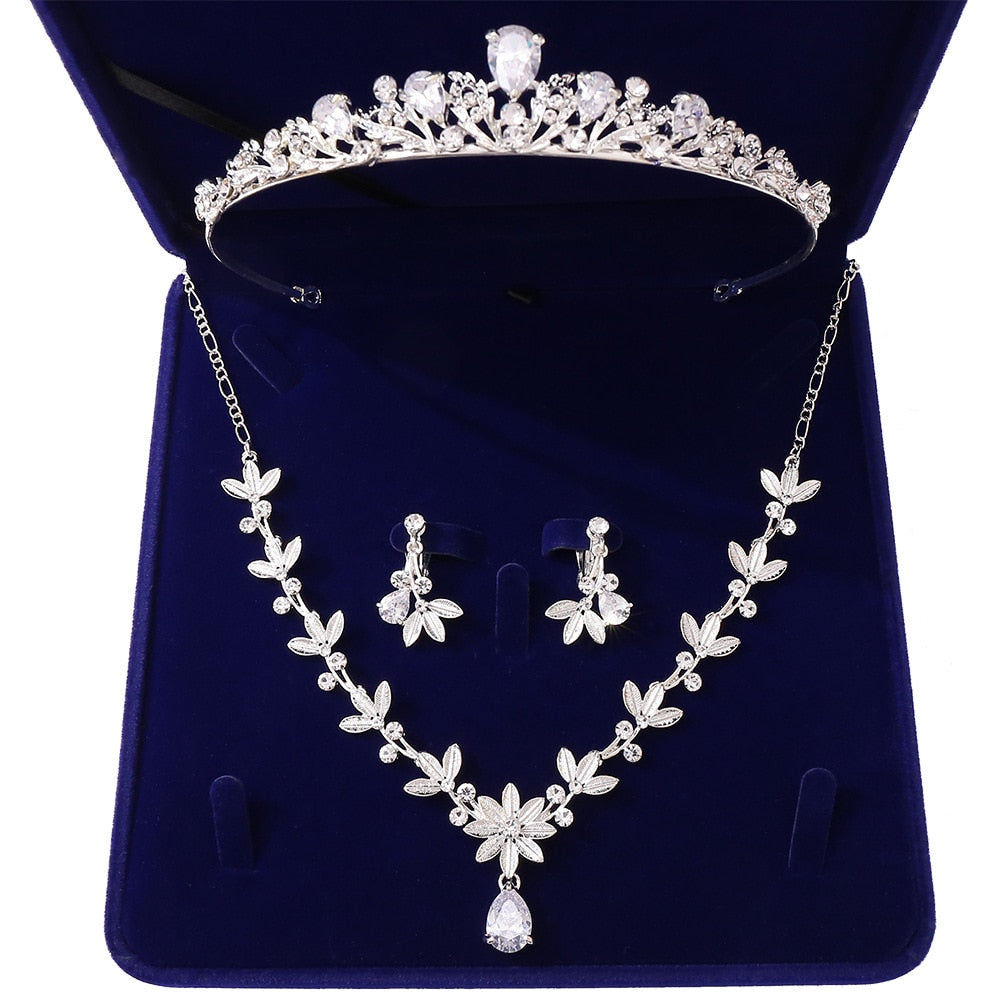 Luxury Crystal Pearl Leaf Bridal Jewelry Sets Rhinestone Crown Tiaras Necklace Earrings Set for Bride African Beads Jewelry Sets