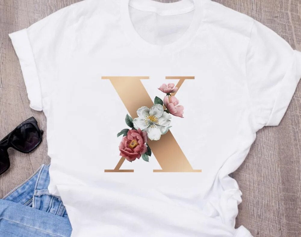 High-Quality Custom Personalized Name Letter (O) Combination T-Shirt for Women with Floral Alphabet Design in Short Sleeves.