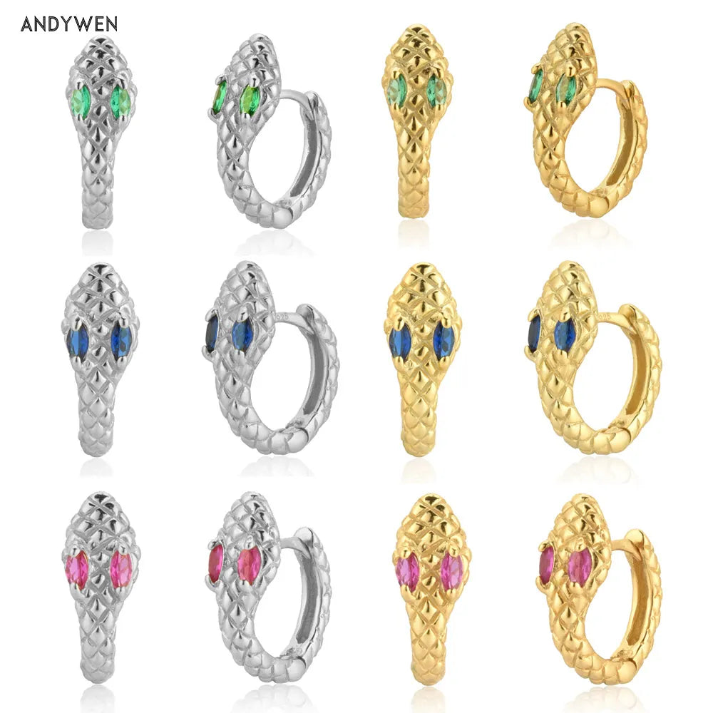 ANDYWEN 925 Sterling Silver Rainbow Colorful Eye Zircon CZ Circle Hoops Huggies Women Fashion Clips Snake Pendiente Jewelry