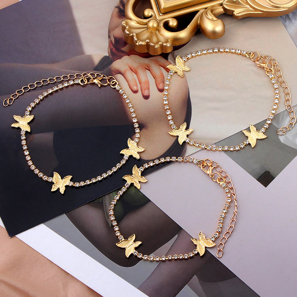 Trendy Shining Cute Butterfly Crystal Tennis Anklet for Women Gold Silver Color Boho Sandals Rhinestone Foot Ankle Chain Jewelry