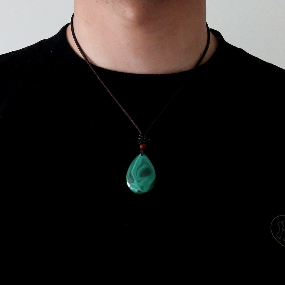 Malachite Water Drop Pendant Necklace Natural Stone Yoga Macrame Energy Necklace Women Men Fashion Jewelry Accessories