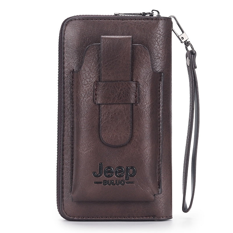 JEEP BULUO Leather Men Clutch Wallet Brand Purse For Phone Double Zipper Luxury Wallet Leather Clutch Bag Large Capacity 