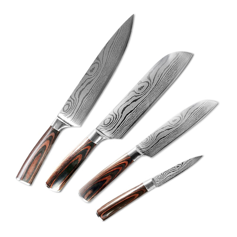 10pcs Damascus Kitchen Knife Set Laser Pattern Professional Chef Knives 440C Stainless Steel Knife Sharpener