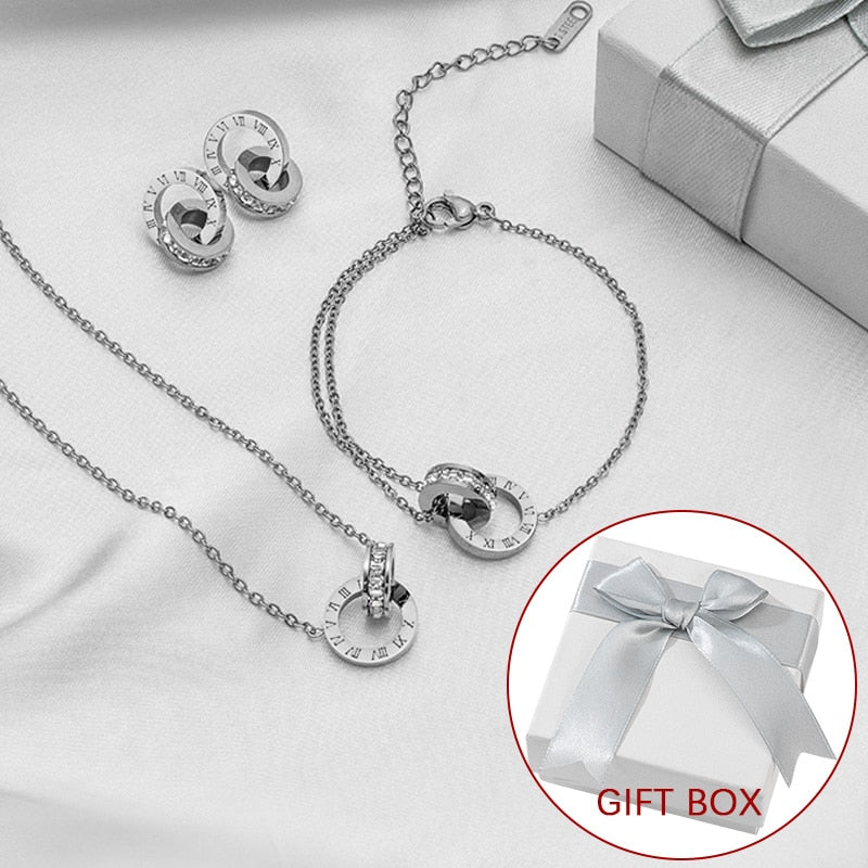 Luxury Elegant Roman Numeral Crystal Necklace Earrings Set For Women Fashion Stainless Steel Earrings 2021 Trend Wedding Jewelry