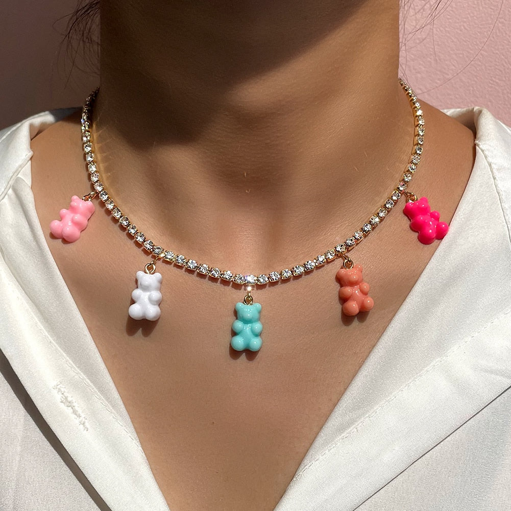 2021 New Design Butterfly Pendant Necklace for Women Multicolor Gummy Bear Luxury Crystal Chain Necklace Fashion Jewelry Gift