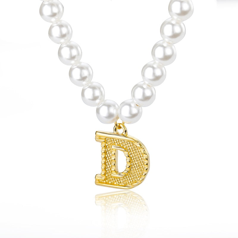 A-Z Initial Pearl Chain Necklaces For Women Initial Letter Simulated Pearl Necklace Stainless Steel Pendant Jewelry 2022