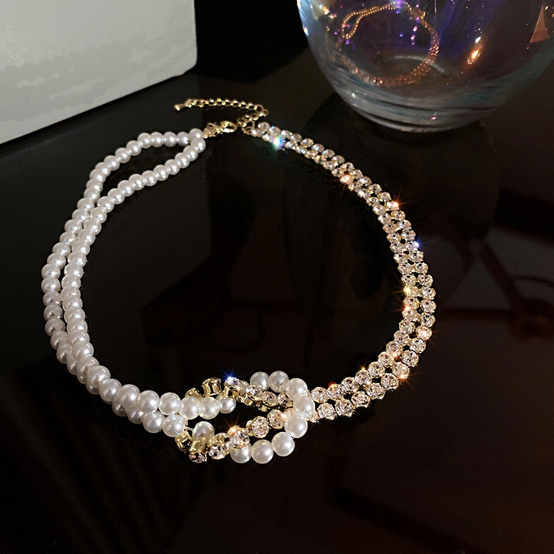 FYUAN Korean Style Pearl Crystal Choker Necklaces for Women Short Chain Rhinestone Necklaces Statement Jewelry