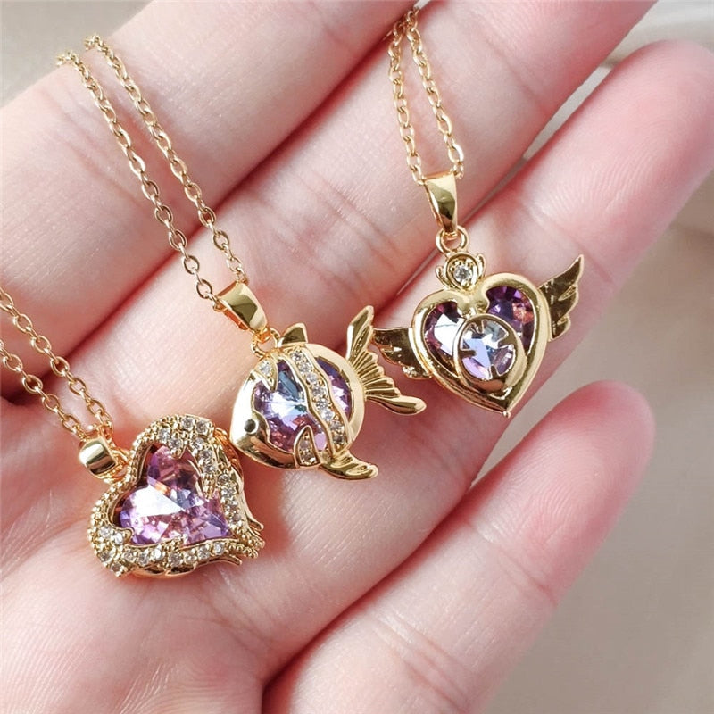 New Design Color Zircon Pendant Necklace Stainless Steel Chain Heart Fish Charms Choker Jewelry Gifts For Women Girls