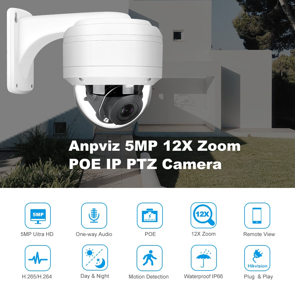 Anpviz 5MP 12X Zoom POE IP PTZ Camera H.265 Built-in Microphone Audio Outdoor Security Camera IR 30m Danale Security Protectio