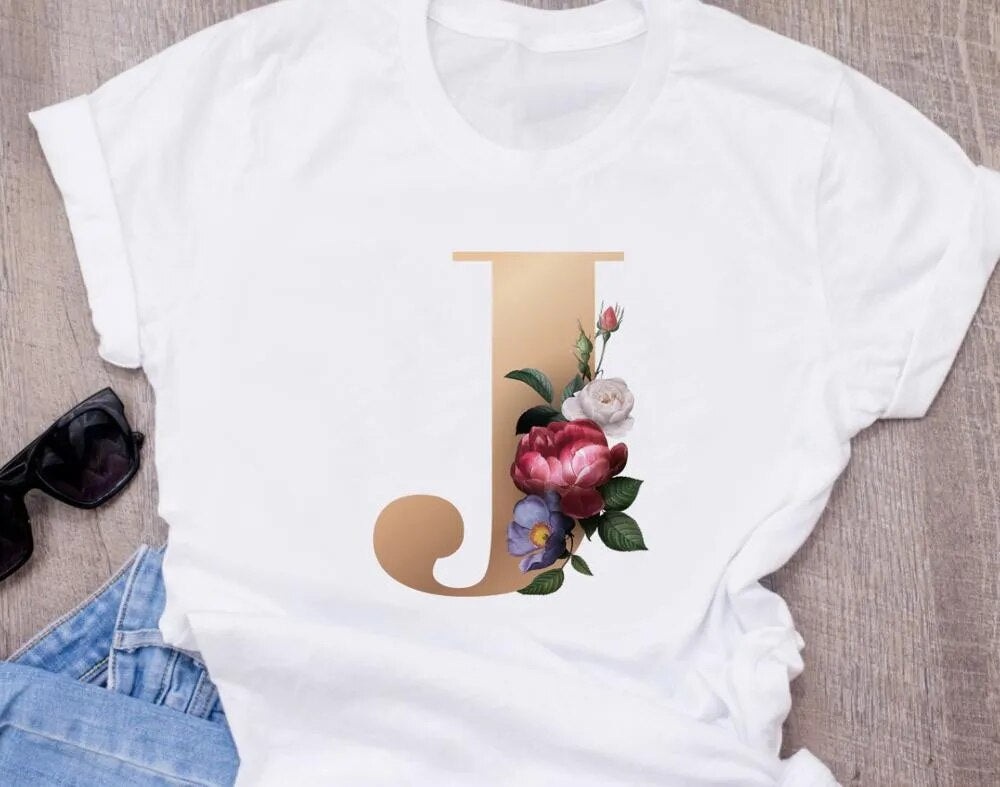 High-Quality Custom Personalized Name Letter (O) Combination T-Shirt for Women with Floral Alphabet Design in Short Sleeves.