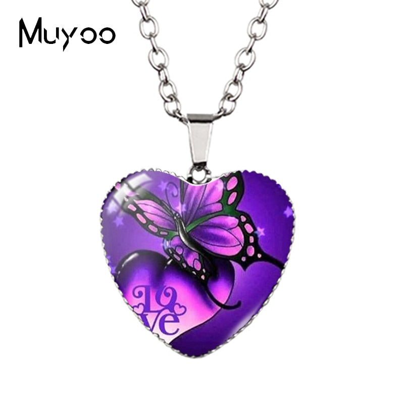 New Arrival Purple Blue Colorful Butterflies with Flower Heart Handcraft Jewelry Pendants Magical Butterfly Heart Necklace HZ3