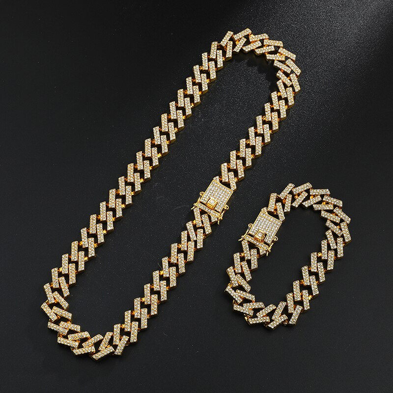 Hip Hop 15MM Necklace +Watch+Bracelet Bling Iced Out Miami Zircon Cuban Pave Rhinestone Men Bracelet Necklace For Men Jewelry