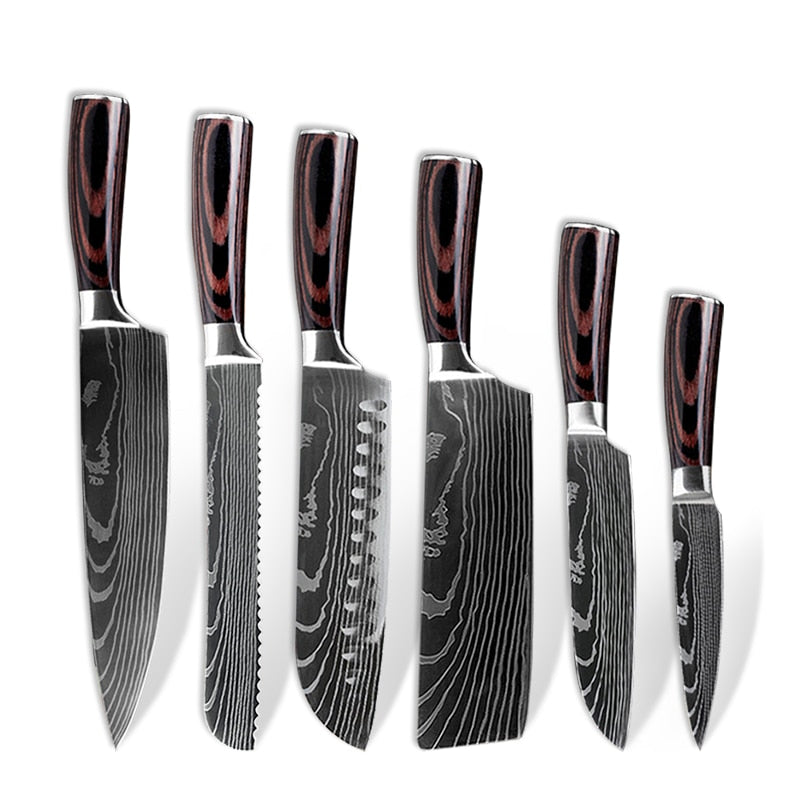 10pcs Damascus Kitchen Knife Set Laser Pattern Professional Chef Knives 440C Stainless Steel Knife Sharpener