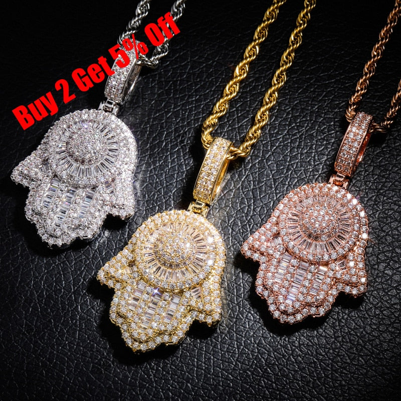 TOPGRILLZ New Hand Pendant Necklace With Tennis Chain Cuban chain Gold Silver Color Iced Out Cubic Zircon Hip Hop Rock Jewelry