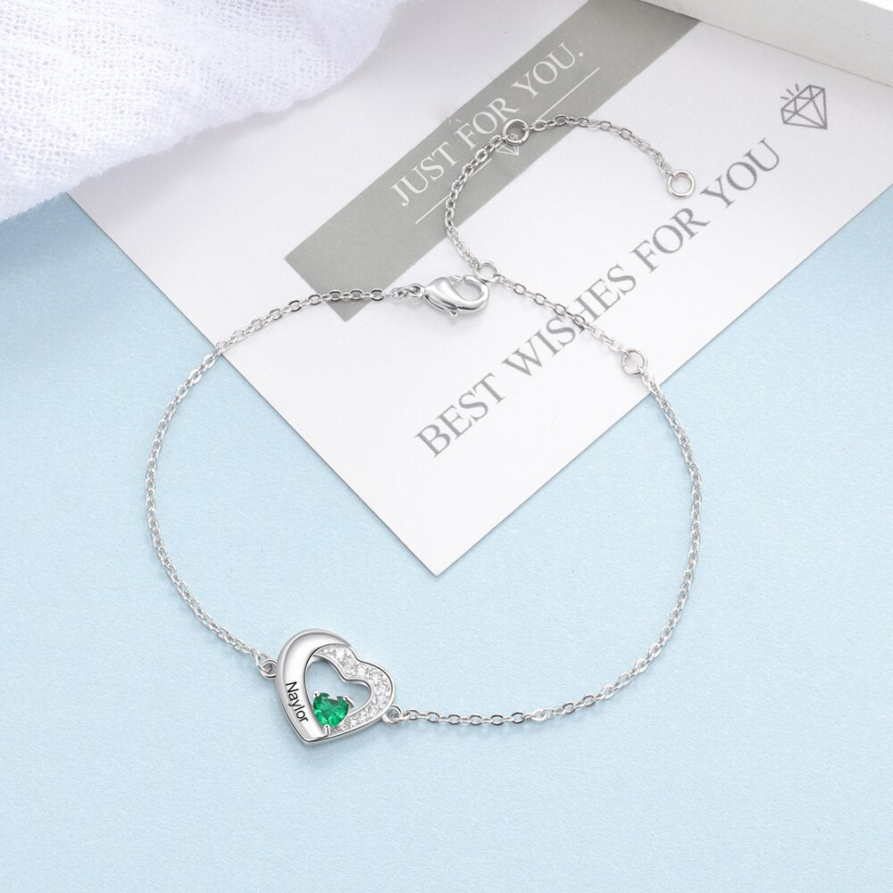 Personalized 925 Sterling Silver Engraved Name Bracelets for Women Lover&#39;s Customized Heart Birthstone Chain Bracelet (BA102973)