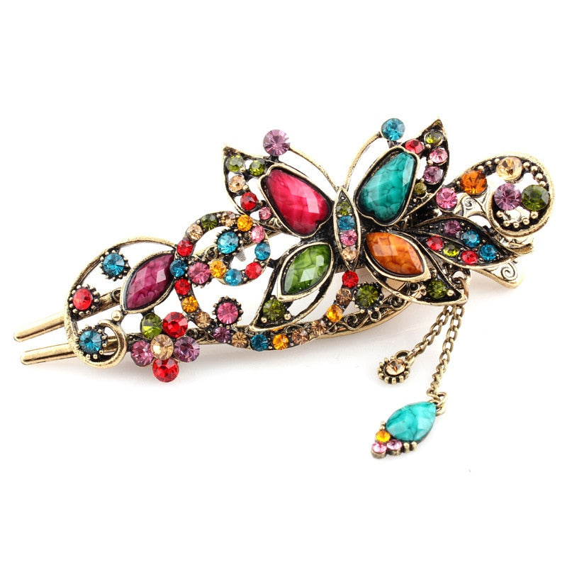 Classic Retro Ethnic Style Crystal  Hair Pins Bridal Headwear  Rhinestone Butterfly Hair Clips Women Hair Accessories Jewelry