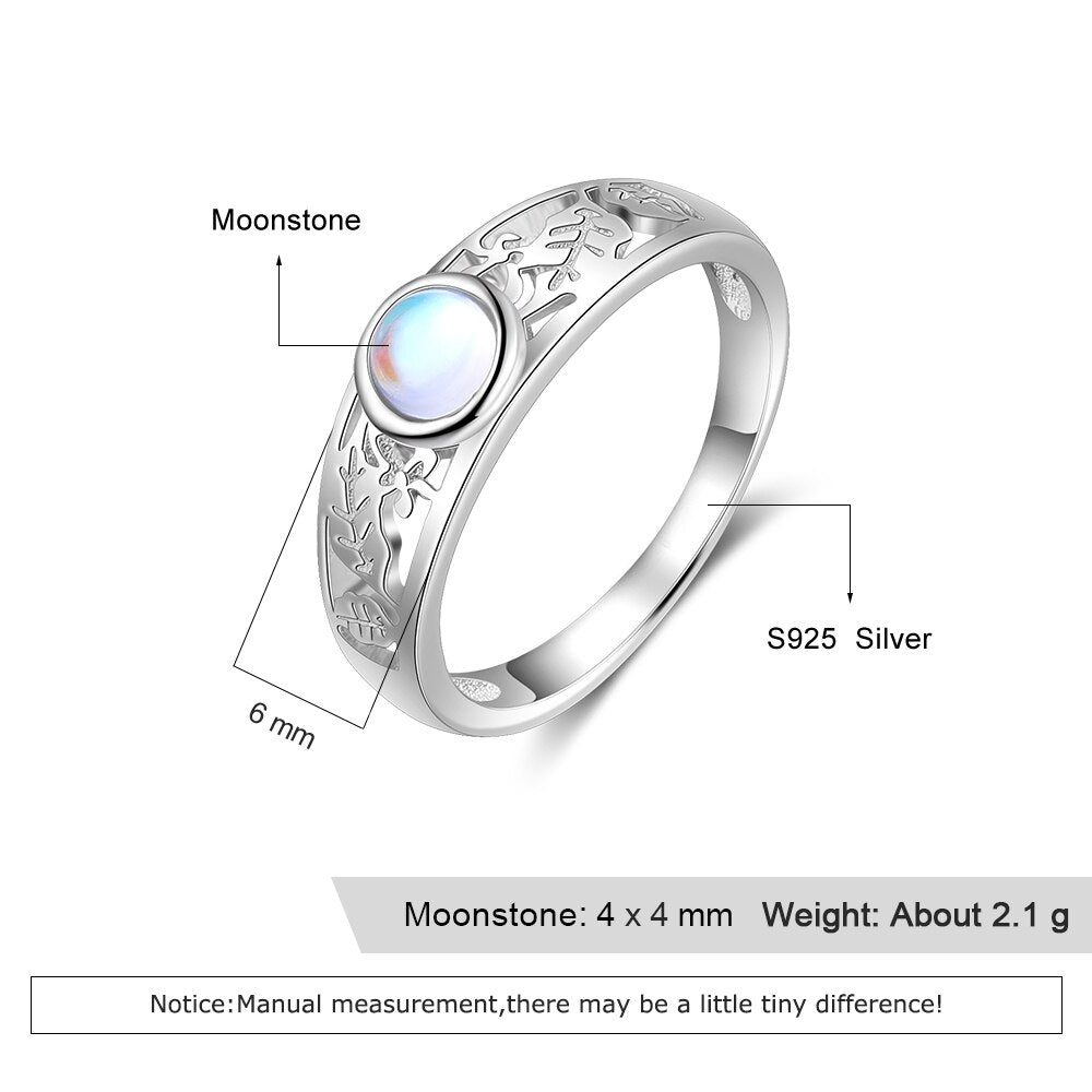 Delicate 925 Sterling Silver Moonstone Rings for Women Hollow Pattern Ring Wedding Band Gift Silver 925 Jewelry (Lam Hub Fong)