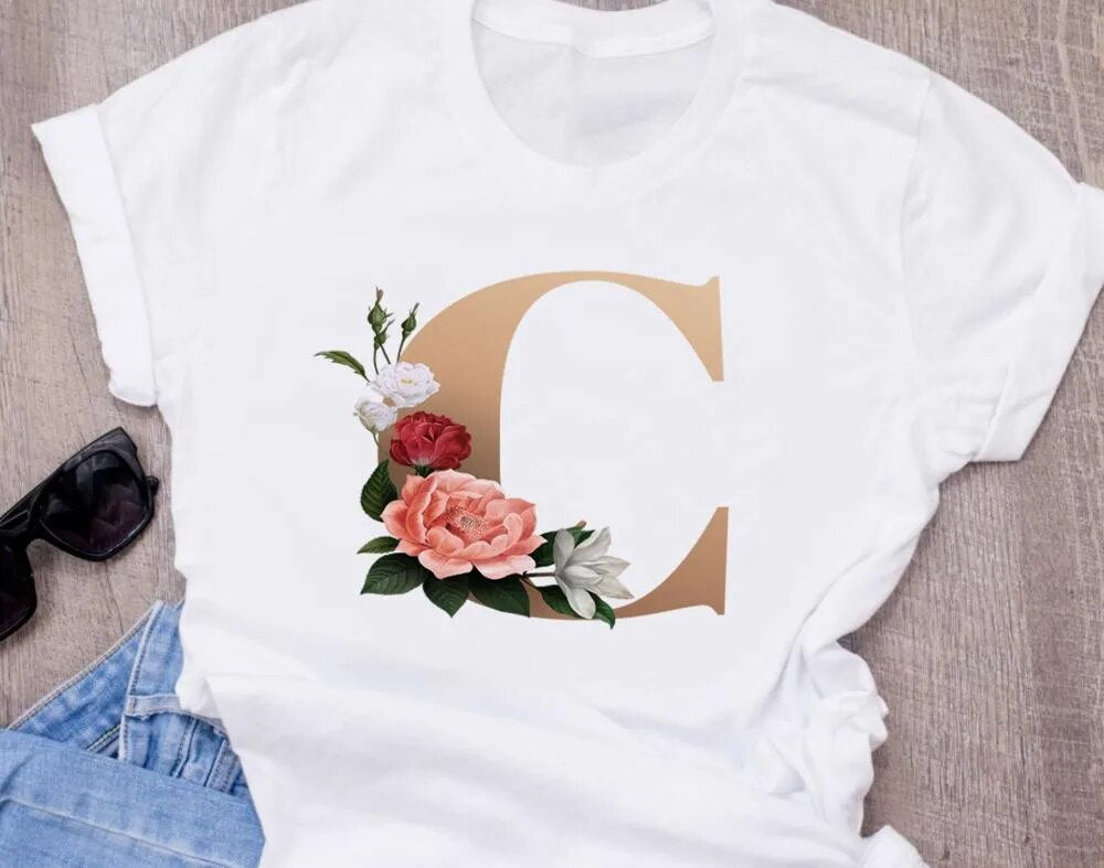 High-Quality Custom Personalized Name Letter (O) Combination T-Shirt for Women with Floral Alphabet Design in Short Sleeves.