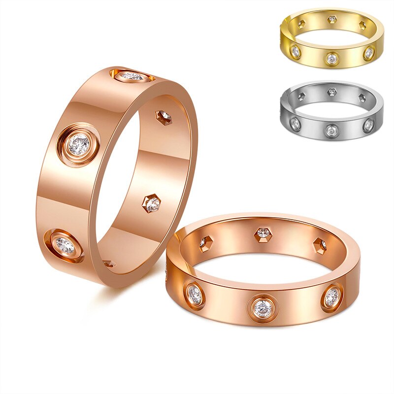 Classic Stainless Steel Wedding Band with Cubic Zirconia by WLP. Stylish Love Ring in Rose Gold Stainless Steel for Couples: A Luxury Brand Jewelry Wedding Gift with CZ Crystals.