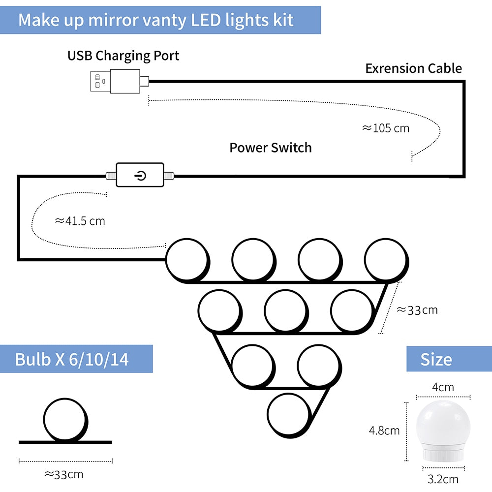 LED Makeup Mirror Light Bulbs USB Hollywood Make up Lamp Vanity Lights Bathroom Dressing Table Lighting Dimmable LED Wall Lamp