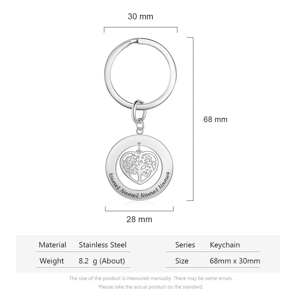 JewelOra Personalized Stainless Steel Tree of Life Engrave Name Key Chain Customize Family Names Keychains for Men Women Jewelry