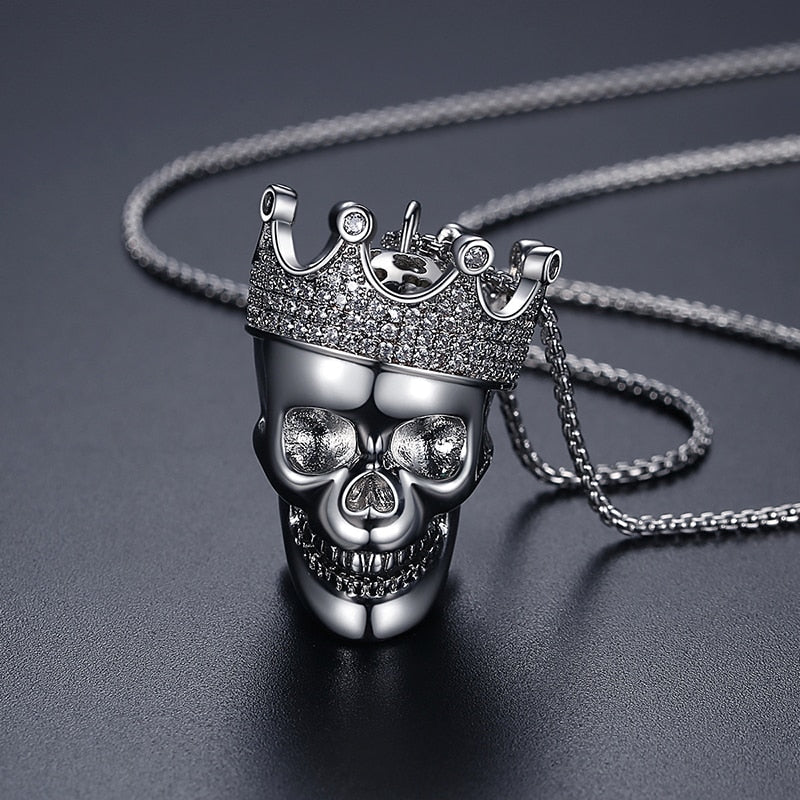 JINSE King Skull Shape Cubic Zirconia Skeleton Necklace For Men Women Vintage Crown Human Skulls Gothic Cosplay Jewelry Gifts