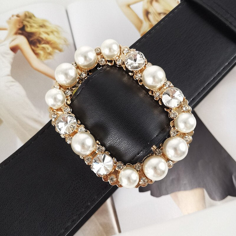 Luxury Crystal Pearl Gold Buckle Belts for Women HOT Wide Solid PU Leather Belt Black Dress Waistbands Lady Gifts No Pin Belt