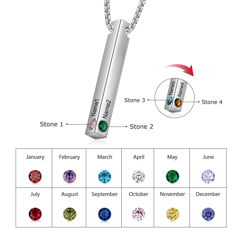 JewelOra Personalized Engraved Name Bar Necklaces for Women 4 Sides Custom Birthstone Stainless Steel Vertical Bar Pendant