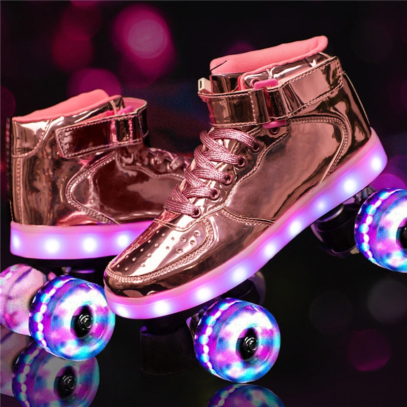 New Style Led Rechargeable 7 Colorful Luminous Double Row 4 Wheel Roller Skates Patines Outdoor Men Women Shoes